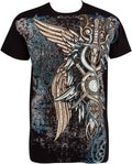 Sakkas Wings and Swords Metallic Silver Embossed Cotton Mens Fashion T-Shirt#color_Black