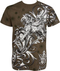 Sakkas Lion and Vines Metallic Silver Embossed Cotton Mens Fashion T-Shirt#color_Olive