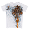 Sakkas Eagle Perched on a Sword Metallic Silver Embossed Cotton Mens T-Shirt#color_White