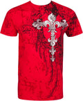Sakkas Fleur De Lis Cross Metallic Silver Embossed Cotton Mens Fashion T-shirt#color_Red