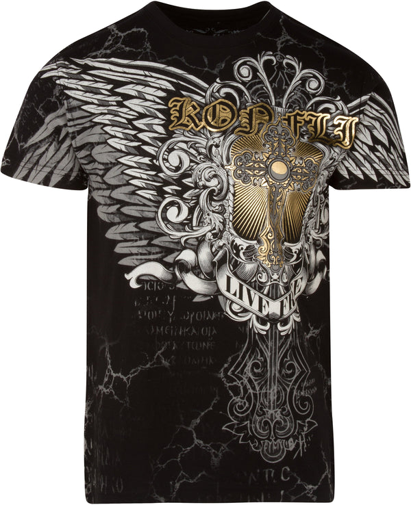 Sakkas Mads Mens Gold Cross & Wings Metallic Embossed T-Shirt Short Sleeve Cotton#color_Black