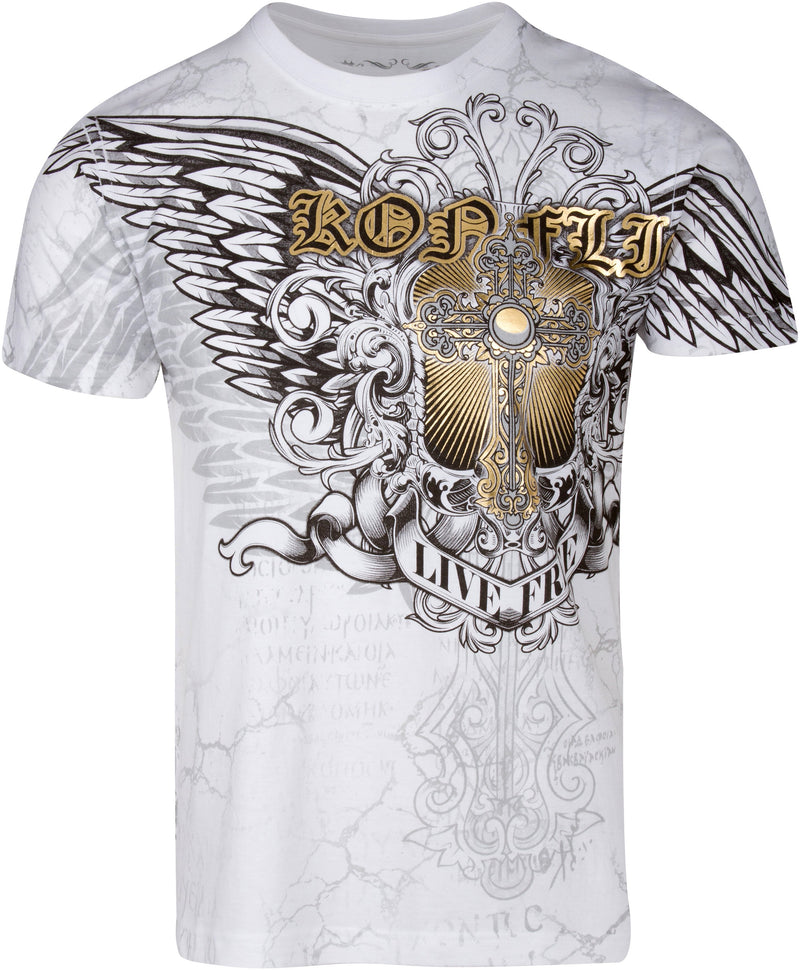 Sakkas Mads Mens Gold Cross & Wings Metallic Embossed T-Shirt Short Sleeve Cotton