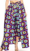 Sakkas Tasha Women's African Ankara Wax Capri Harem Pants w/Pockets & Overlay#color_126-PurpleAqua