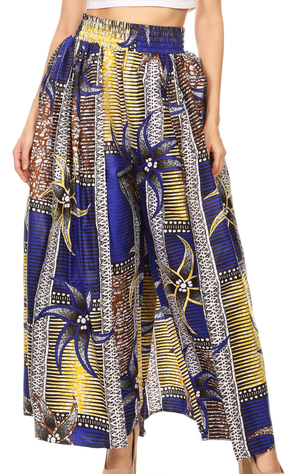 Sakkas Lanna Women's African Ankara Print Ankle Pants w/Pockets & Overlay Pull-up#color_118-RoyalYellowMulti