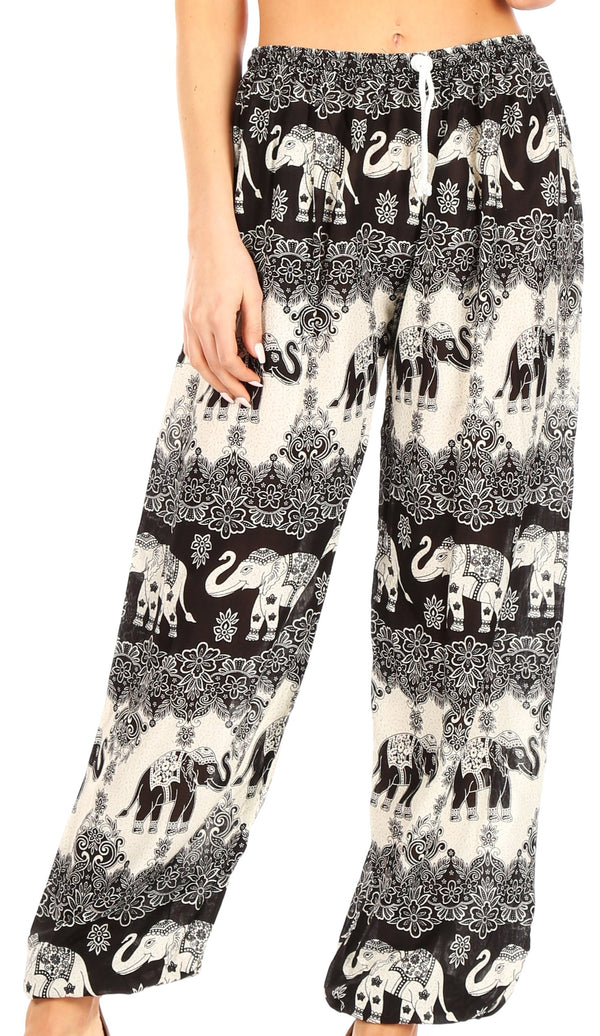 Sakkas Akilla Women's Loose Printed Yoga Elephant Pants Elastic Waist w/Pocket#color_E-Black