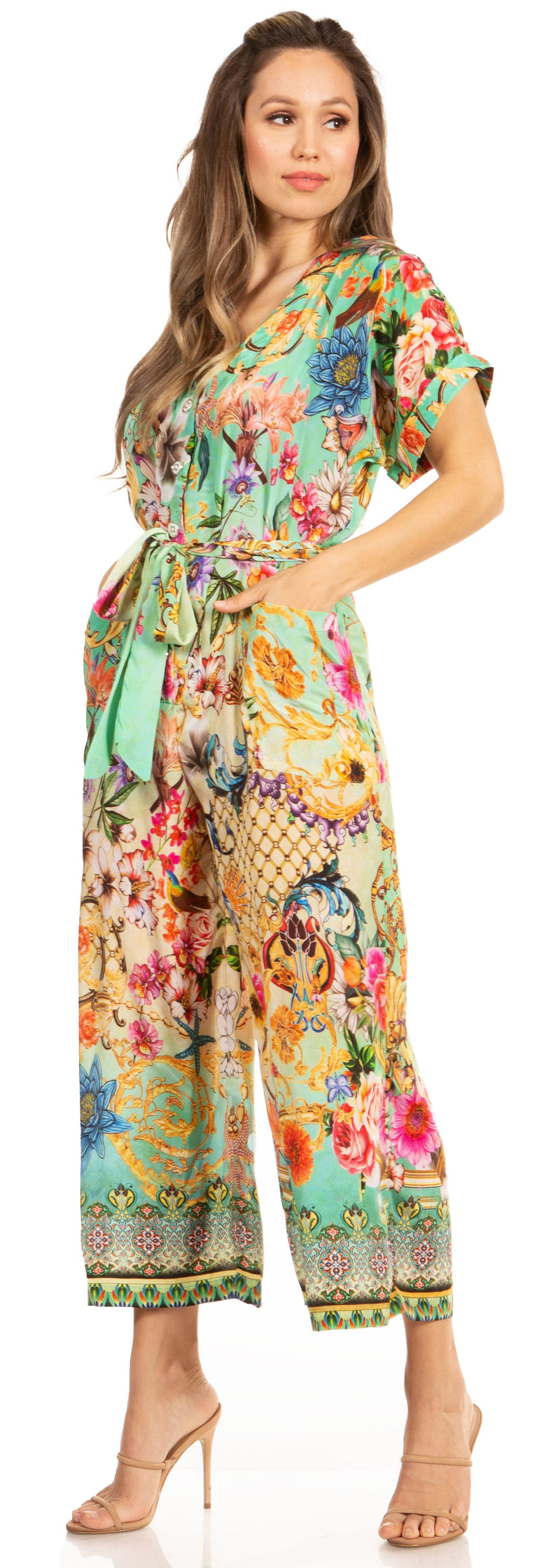 Sakkas Irise Women's Short Sleeve V neck Floral Print Casual Boho Jumsuit Pockets