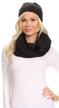 Sakkas Olliey Long Wide Classic Cable Knit Fur Lined Infinity Scarf And Hat Set#color_Black