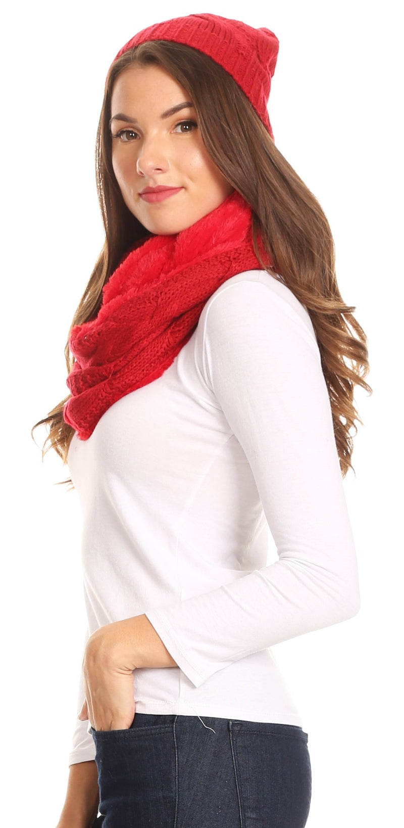 Sakkas Olliey Long Wide Classic Cable Knit Fur Lined Infinity Scarf And Hat Set