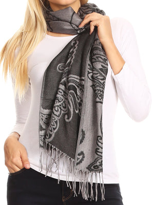 Sakkas Sarah Reversible Silky Brocade Scarf Shawl Stole with Fringe