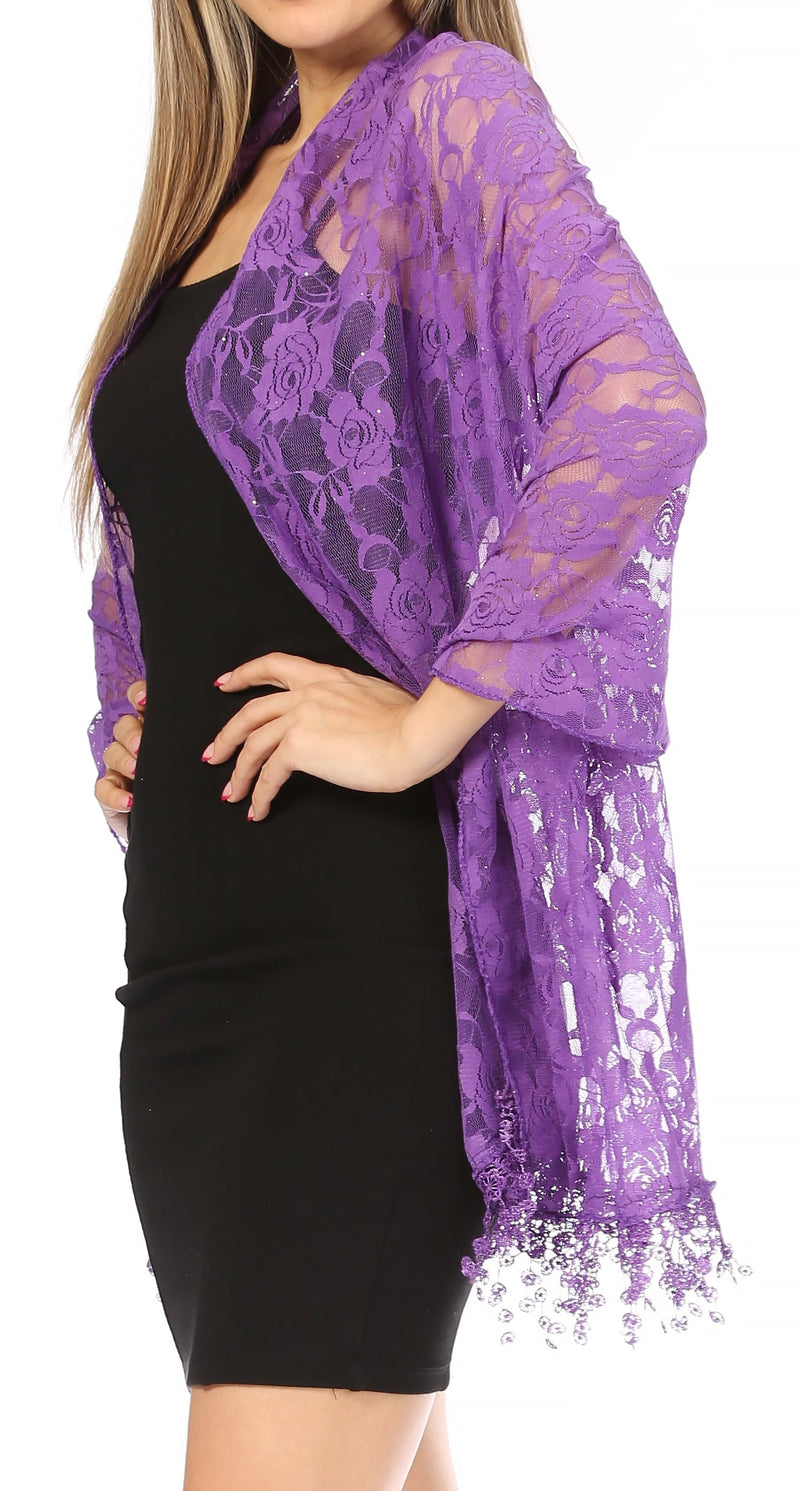 Sakkas Mari Women's Large Lightweight Soft Lace Scarf Wrap Shawl Floral and Fringe