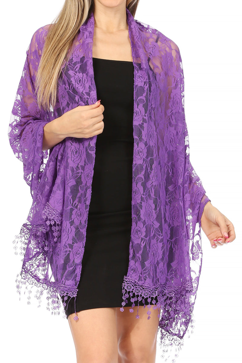 Sakkas Mari Women's Large Lightweight Soft Lace Scarf Wrap Shawl Floral and Fringe
