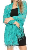 Sakkas Mari Women's Large Lightweight Soft Lace Scarf Wrap Shawl Floral and Fringe#color_RoseTurquoise