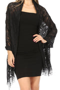 Sakkas Mari Women's Large Lightweight Soft Lace Scarf Wrap Shawl Floral and Fringe#color_Style10-Black