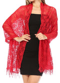 Sakkas Mari Women's Large Lightweight Soft Lace Scarf Wrap Shawl Floral and Fringe#color_Style2-Burgundy