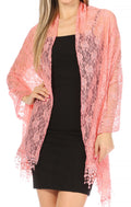 Sakkas Mari Women's Large Lightweight Soft Lace Scarf Wrap Shawl Floral and Fringe#color_Style2-Peach