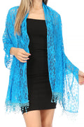 Sakkas Mari Women's Large Lightweight Soft Lace Scarf Wrap Shawl Floral and Fringe#color_Style3-Blue