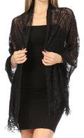 Sakkas Mari Women's Large Lightweight Soft Lace Scarf Wrap Shawl Floral and Fringe#color_Style4-Black