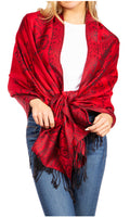 Sakkas Damari Women's Silky Soft Reversible Border Woven Pashmina Scarf Shawl Wrap#color_23-D4-Red