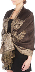 Sakkas 70" x 28" Big Paisley Jacquard Layered Woven Pashmina Shawl / Wrap Stole#color_DarkChocolate