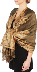 Sakkas 70" x 28" Big Paisley Jacquard Layered Woven Pashmina Shawl / Wrap Stole#color_OliveGreen