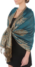 Sakkas 70" x 28" Big Paisley Jacquard Layered Woven Pashmina Shawl / Wrap Stole#color_Turquoise