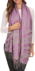 Sakkas Reiley Long Wide Floral Printed Patterened Fringe Pashmina Shawl / Scarf#color_Lavender/Grey