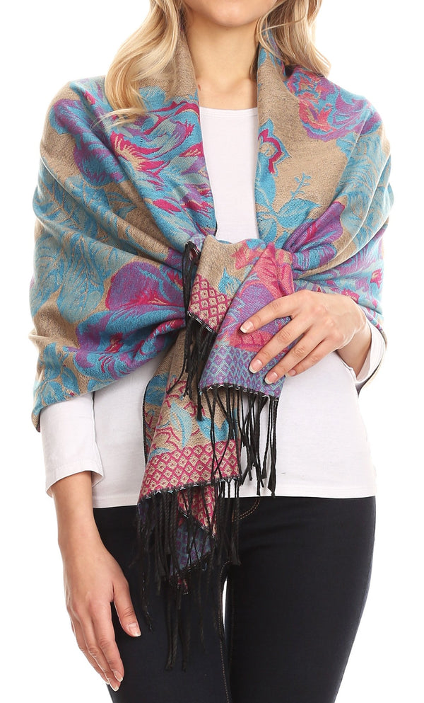 Sakkas Aurora Floral Rose Pashmina Scarf Shawl Wrap with Fringe Super Warm Soft#color_Beige/Turquoise