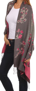 Sakkas Ontario double layer floral Pashmina/ Shawl/ Wrap/ Stole with fringe#color_1-Grey