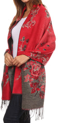 Sakkas Ontario double layer floral Pashmina/ Shawl/ Wrap/ Stole with fringe#color_1-RedBlack