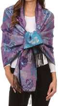 Sakkas Ontario double layer floral Pashmina/ Shawl/ Wrap/ Stole with fringe#color_3-AquaPurple