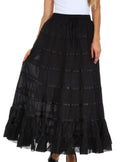 Sakkas Raw Edge Tiered Ribbon Gypsy Boho Long Cotton Skirt#color_Black