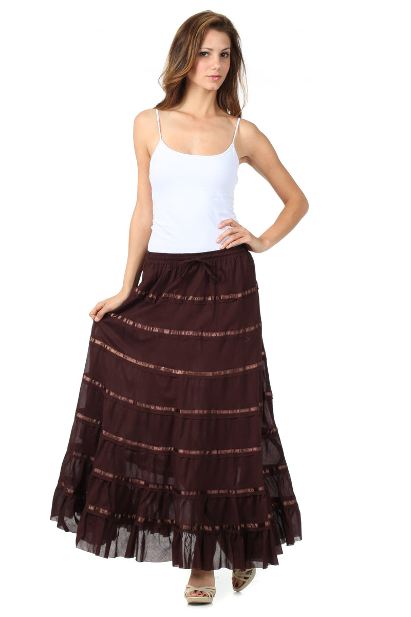 Sakkas Raw Edge Tiered Ribbon Gypsy Boho Long Cotton Skirt
