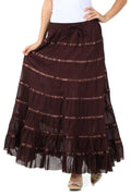 Sakkas Raw Edge Tiered Ribbon Gypsy Boho Long Cotton Skirt#color_Brown