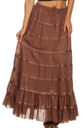 Sakkas Raw Edge Tiered Ribbon Gypsy Boho Long Cotton Skirt#color_LightBrown