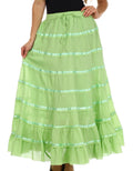 Sakkas Raw Edge Tiered Ribbon Gypsy Boho Long Cotton Skirt#color_Lime