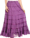 Sakkas Raw Edge Tiered Ribbon Gypsy Boho Long Cotton Skirt#color_Purple