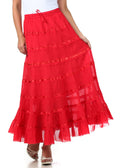Sakkas Raw Edge Tiered Ribbon Gypsy Boho Long Cotton Skirt#color_Red