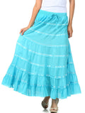 Sakkas Raw Edge Tiered Ribbon Gypsy Boho Long Cotton Skirt#color_Turquoise