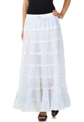 Sakkas Raw Edge Tiered Ribbon Gypsy Boho Long Cotton Skirt#color_White