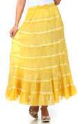 Sakkas Raw Edge Tiered Ribbon Gypsy Boho Long Cotton Skirt#color_Yellow