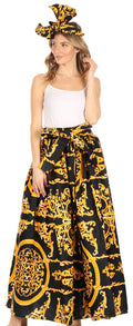 Sakkas Asma Convertible Traditional Wax Print Adjustable Strap Maxi Skirt | Dress#color_92-BlackGold