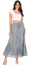 Sakkas Takara Maxi Broomstick Cascading Peasant Skirt with Elastic Waist