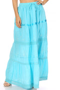 Sakkas Solid Embroidered Gypsy / Bohemian Full / Maxi / Long Cotton Skirt#color_Turquoise