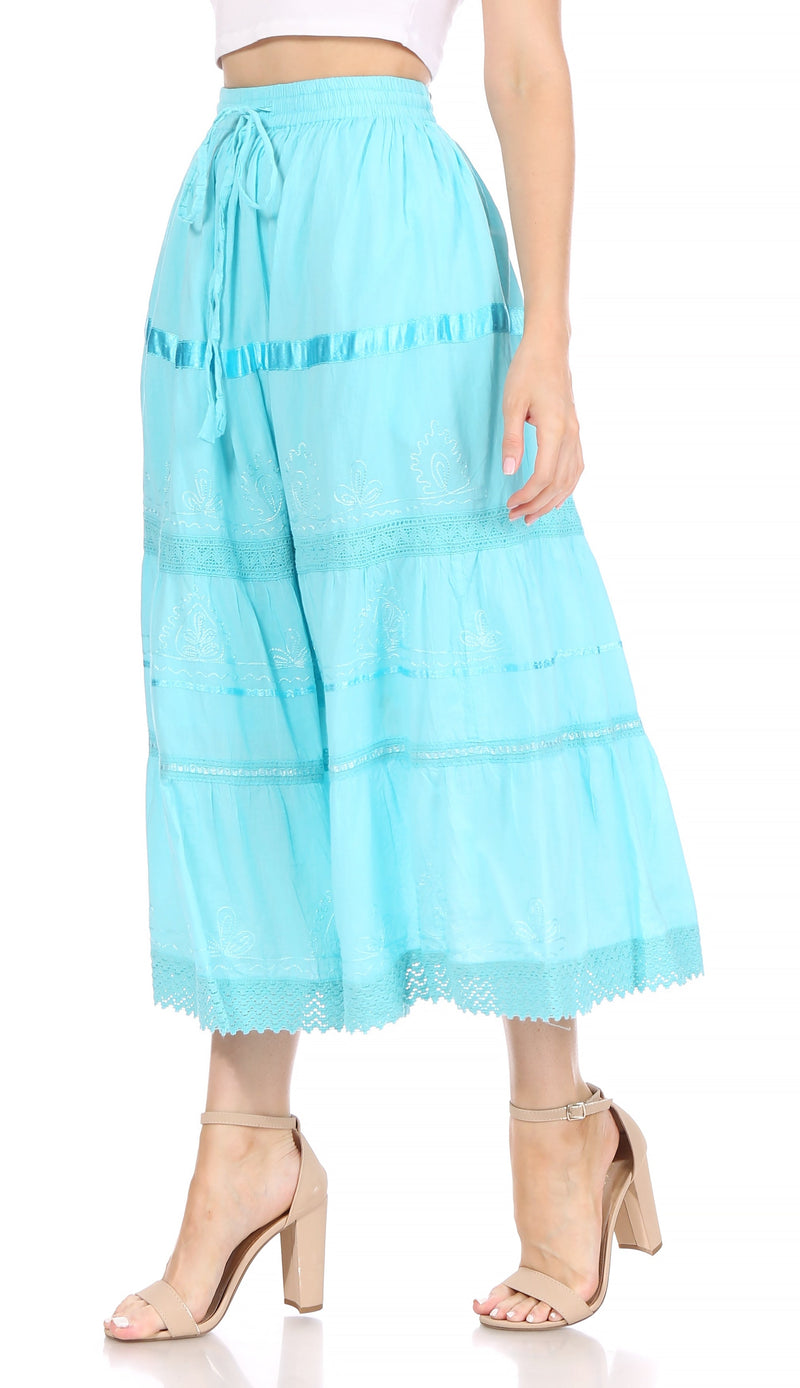 Sakkas Solid Embroidered Gypsy / Bohemian Mid Length Cotton Skirt