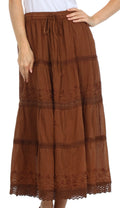 Sakkas Solid Embroidered Crochet Lace Trim Gypsy Bohemian Mid Length Cotton Skirt#color_Brown