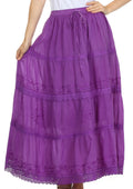 Sakkas Solid Embroidered Crochet Lace Trim Gypsy Bohemian Mid Length Cotton Skirt#color_Purple