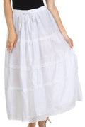Sakkas Solid Embroidered Crochet Lace Trim Gypsy Bohemian Mid Length Cotton Skirt#color_White