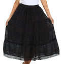 Sakkas Solid Embroidered Crochet Lace Trim Gypsy Bohemian Mid Length Cotton Skirt#color_Black