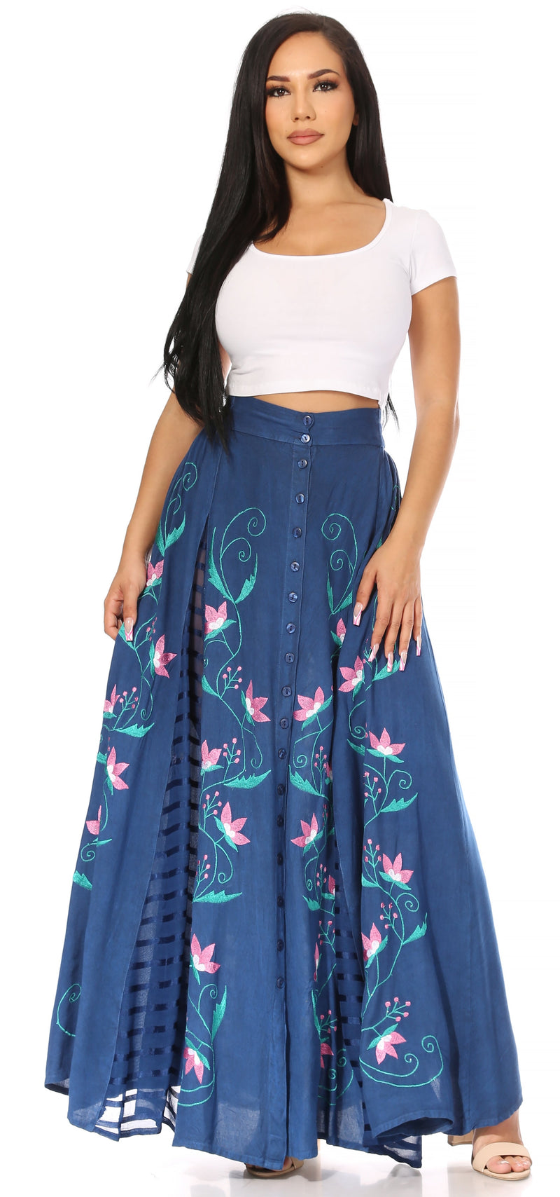 Sakkas Sarita Women's Casual Boho Maxi Floral Long Elastic Waist Skirt Slim