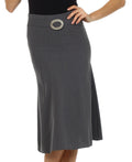 Knee Length Flared Skirt with Seaming and Belt Detail#color_Charcoal